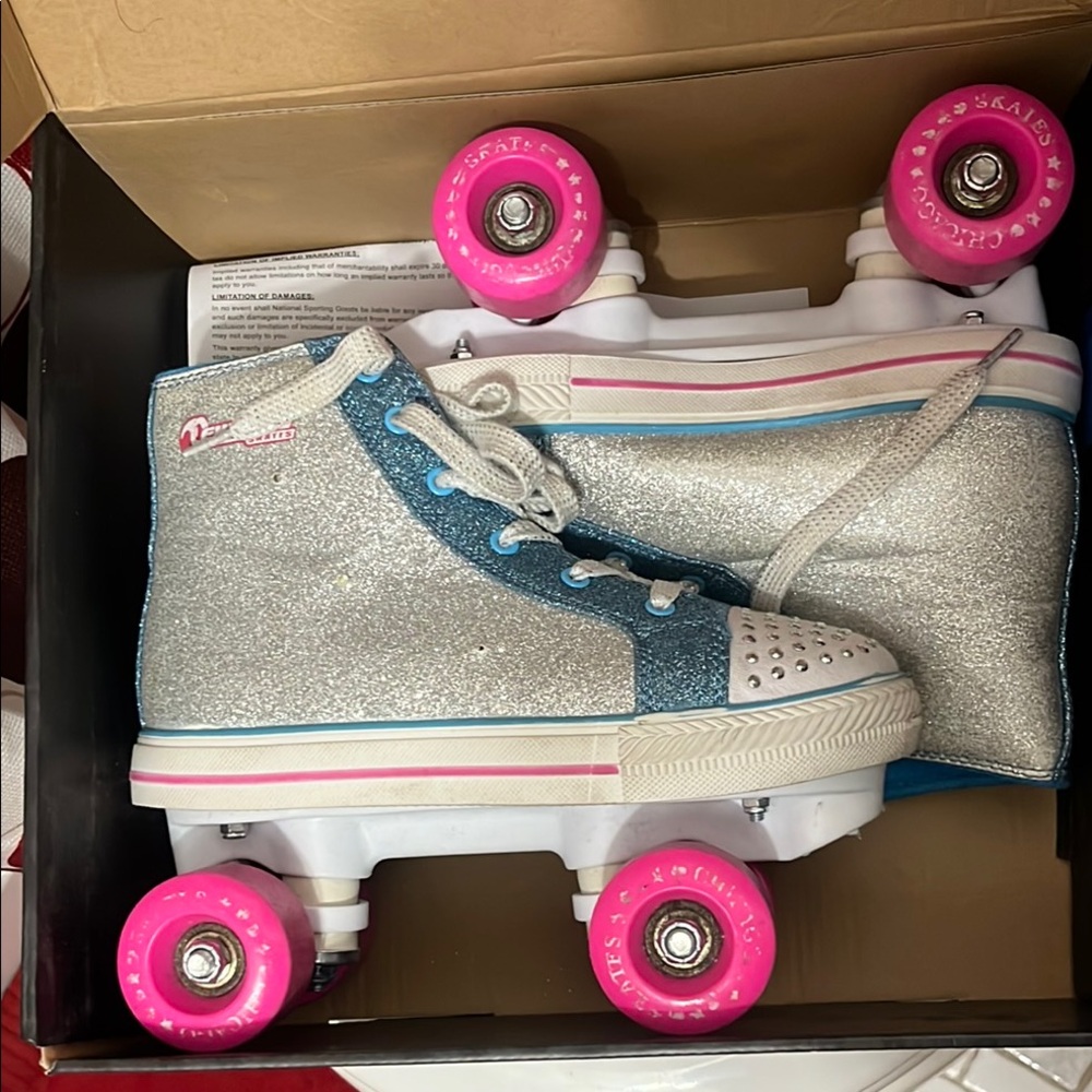Sparkly Silver and Blue Roller Skates with Pink Wheels